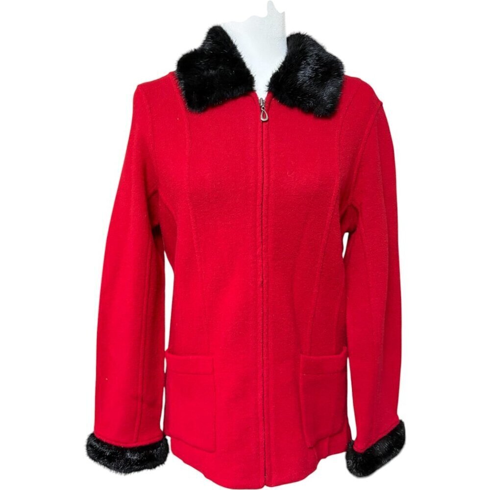Vintage Alexandra Bartlett 100% wool Red Jacket with Black Fur Trim y2k